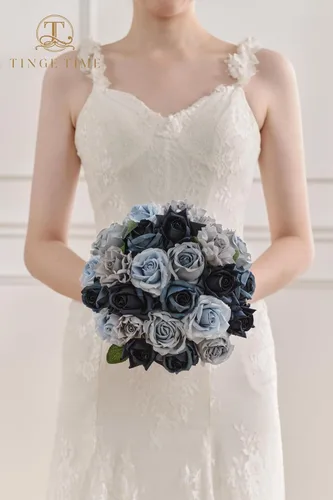 Vista 3 de TINGE TIME - Flores artificiales, 25 piezas, rosas azules degradado de aspecto real con tallo para manualidades, ramos de novia, centros de mesa