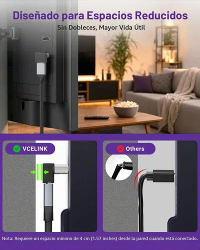 Vista 2 de VCELINK 10K 8K HDMI 2.1 Adaptador de ángulo recto para TV montado 48Gbps
