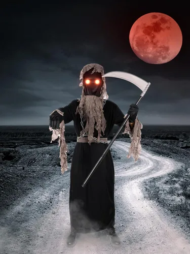 Vista 7 de Disfraz de parca sombría para niños con ojos rojos brillantes, Halloween, cosplay, guadaña de la muerte, accesorios para disfraz de miedo, vestido