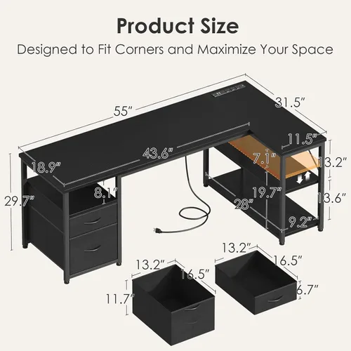 Vista 3 de AODK Escritorio para computadora en forma de L de 55 pulgadas con cajones, escritorio reversible para computadora con estantes de almacenamiento