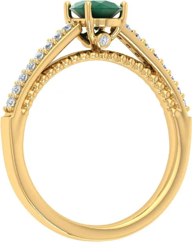 Vista 2 de Anillo de compromiso solitario de diamante redondo y esmeralda ovalada de 1 quilate en oro de 10 quilates, Metal Metal Piedra Piedra preciosa