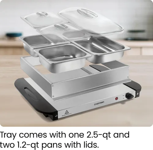 Vista 5 de Chefman Servidor de buffet eléctrico + bandeja de calentamiento con temperatura ajustable y 3 platos calentadores, placa caliente perfecta