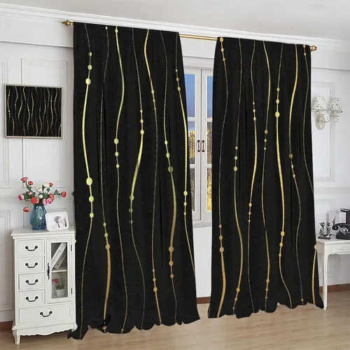 Vista 4 de Cortinas Negras con Dobladillo Dorado, Cortinas Opacas con Bolsillo para Barra con Estampado de Rayas de Foil en Onda Dorada para Decoración de Negro