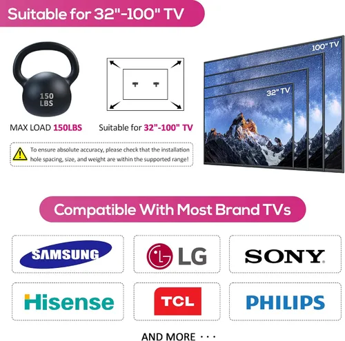 Vista 3 de Soporte ultra delgado sin pernos, se adapta a televisores de 32 a 100 pulgadas, máximo de 150 libras, pantallas planas LED/LCD y monitores (estilo 1)