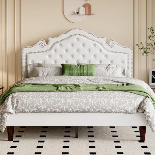 Vista 11 de Allewie Base de cama tamaño completo con cabecero de tiara de terciopelo ajustable, cama plataforma tapizada con botones de diamante capitoné Negro