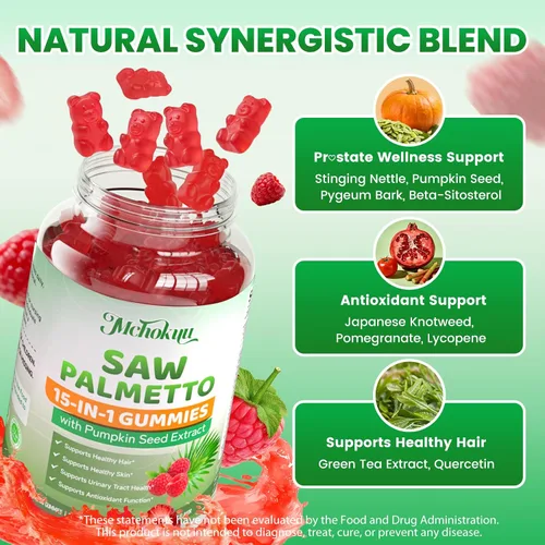 Vista 4 de Gomitas Saw Palmetto de 200 mg para hombres y mujeres, gomitas de aceite de semillas de calabaza con suplemento de palma enana americana para apoyo