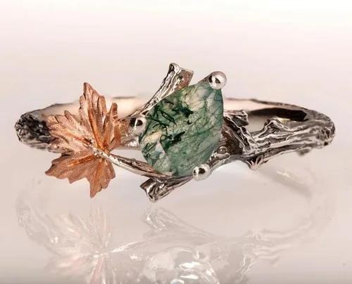 Vista 2 de Dorunmo Moss Agate Ring for Women 925 Sterling Silver Green Stone Agate Ring Leaf wedding ring Moss Agate Jewelry Gift for Engagement Anniversary