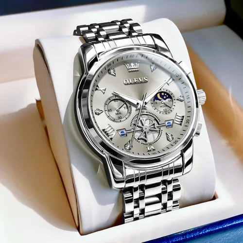 Vista 6 de OLEVS Relojes para hombre de acero inoxidable con cronógrafo, reloj de pulsera grande analógico de cuarzo, relojes de vestir impermeables de moda