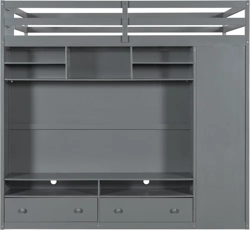 Vista 6 de Cama tipo loft de tamaño matrimonial con cajones, cama tipo loft de madera con armario, estantes y luz LED, gris