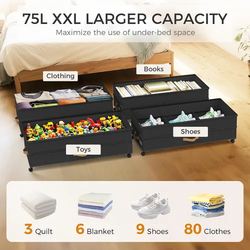 Vista 3 de Almacenamiento Debajo de la Cama con Ruedas Paquete de 4, 75L XXL Contenedores de Almacenamiento Debajo de la Cama Grandes, 30 cm de Alto