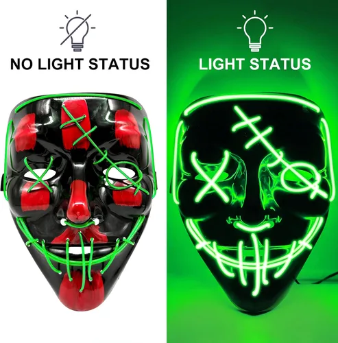 Vista 6 de Máscara LED de Halloween que brilla en la oscuridad, para cosplay, alambre EL, suministros de fiesta para adultos (verde)