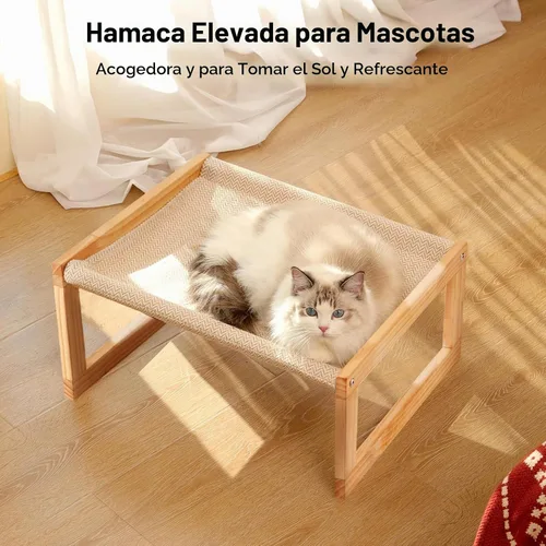Vista 2 de FUKUMARU - Hamaca grande para gatos, cama elevada para perros en interiores y exteriores, lavable 21" Wooden Pet Beds, Breathable Linen Cat Couch