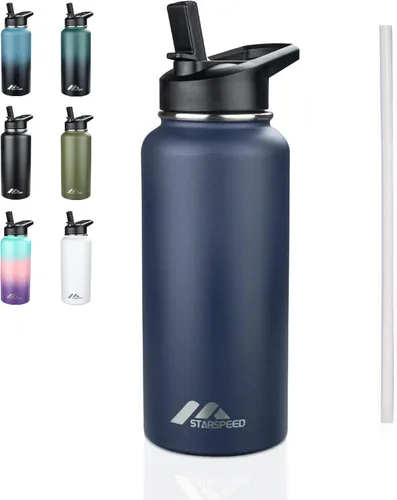 Vista 20 de StarSpeed Botella de agua aislada de 32 onzas con tapa con pajilla, botella de agua al vacío de doble pared de acero inoxidable, botella de agua