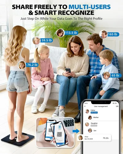 Vista 4 de ABLEGRID Báscula inteligente de grasa corporal, báscula de baño digital recargable para peso corporal, tendencias de gradiente y pantalla de cambio