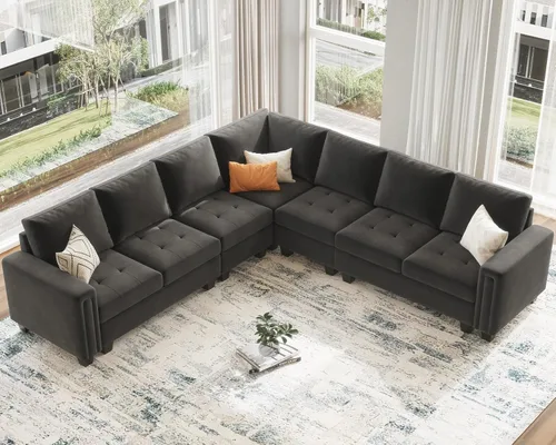 Vista 3 de Belffin Sofá modular de terciopelo en forma de L, sofá seccional convertible de gran tamaño con diván reversible para sala de estar, gris