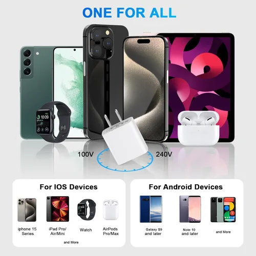Vista 5 de Matsusho Cargador para iPhone 15 de carga rápida, 2 unidades de 20 W de doble puerto PD+QC3.0 bloque de cargador de pared con cable de carga USB C a