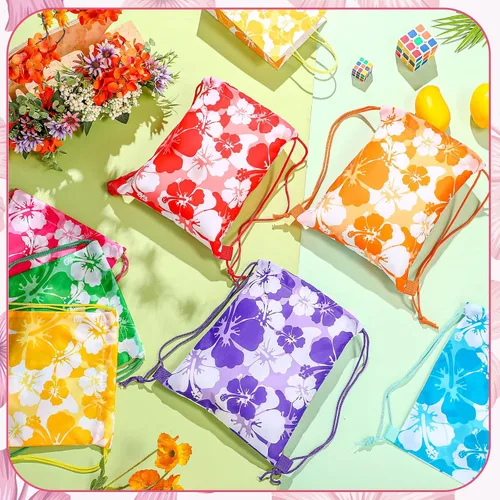 Vista 4 de Teling - 14 mochilas de hibisco, bolsas de recuerdos de fiesta con temática hawaiana con cordón Tiki Luau Treat Hawaii, bolsa de regalo tropical