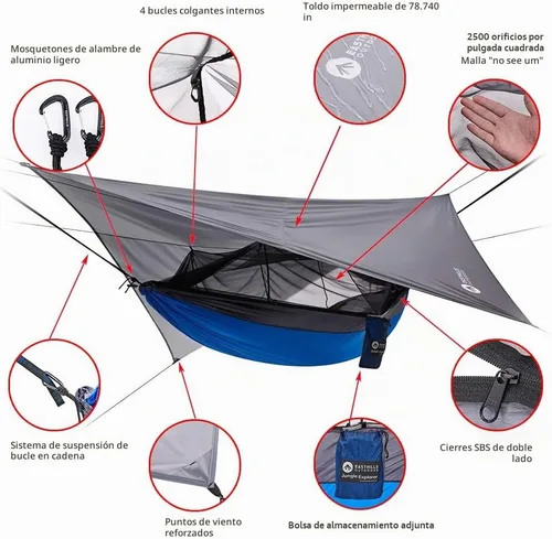 Vista 2 de Easthills Outdoors Jungle Explorer - Hamaca doble para acampar de 118 x 79 pulgadas, ligera, antidesgarros, nailon para 2 personas, con red
