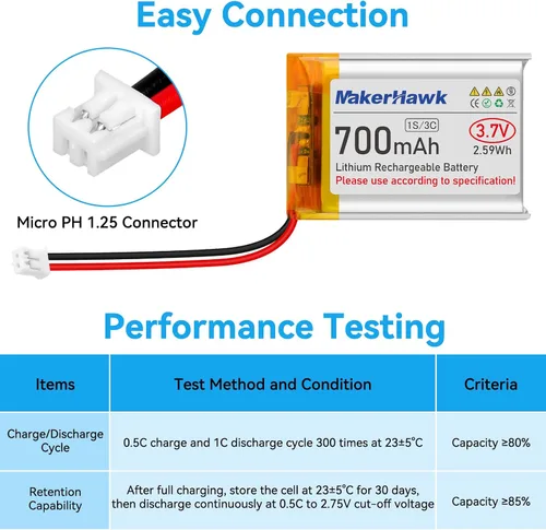 Vista 3 de MakerHawk Batería Lipo de 3,7 V 700 mAh Batería recargable de polímero de litio 603040 Micro Ph1.25 Conector Circuito de protección integrado