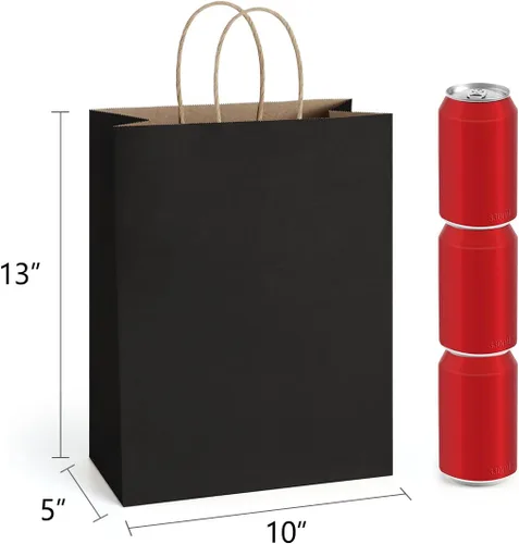 Vista 2 de BagDream Bolsas de regalo de 10 x 5 x 13 pulgadas, 25 bolsas de papel kraft con asas, para regalos, negocios, mercancía, venta al por menor, Negro