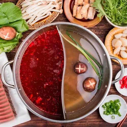 Vista 8 de Hemoton Olla caliente de acero inoxidable con divisor Olla de doble cara para estufa de inducción Estufa de gas para cocinar dos caldos