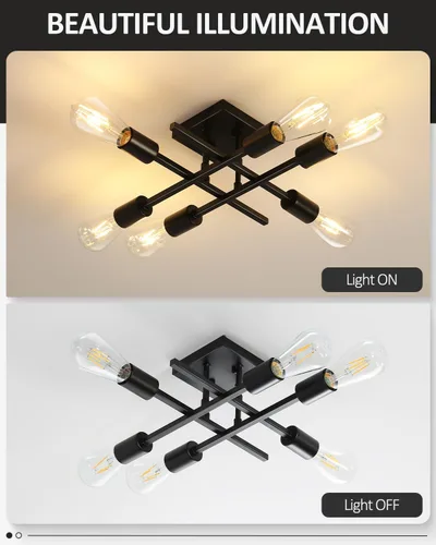 Vista 4 de Lámpara de techo semiempotrada de 6 luces, moderna lámpara Sputnik negra, lámpara de techo de granja E26, lámpara de techo para cocina, dormitorio