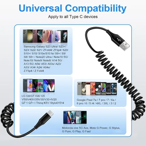 Vista 7 de Cable USB C a USB, Android Auto de 3 pies + 5 pies en espiral para automóvil, cable retráctil de carga rápida tipo C para Samsung Galaxy S26 Ultra