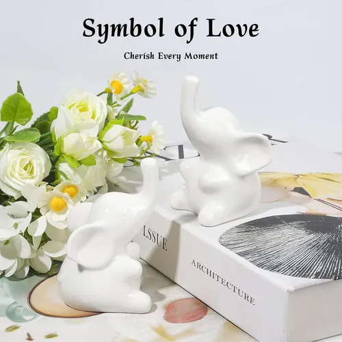 Vista 5 de Loving Pair - Juego de figuras de elefante blanco de cerámica, pequeña estatua de elefante para estantería, escritorio, decoración del hogar, regalo