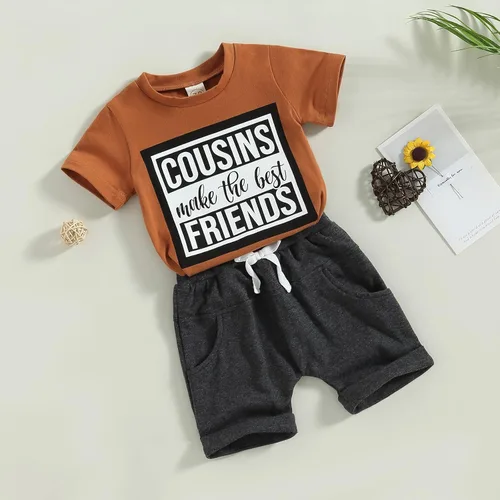 Vista 76 de Conjunto de traje de verano para bebé niño pequeño, manga corta, cuello redondo, letras impresas, lindo traje de verano, conjunto de 2 piezas