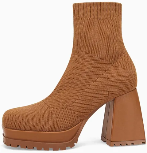 Vista 5 de Botines de plataforma para mujer, con punta cuadrada, tacón grueso, de bloque elástico, de punto sin cordones