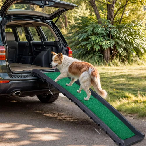 Vista 2 de Rampa plegable para perros para coche, camión, SUV de 61 pulgadas, rampa portátil para mascotas con acolchado de césped para perros grandes