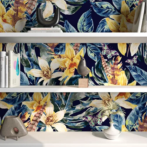 Vista 6 de FunStick Papel tapiz floral azul marino oscuro de 17.5 x 354 pulgadas, despegar y pegar, papel tapiz vintage extraíble, hojas adhesivas, papel