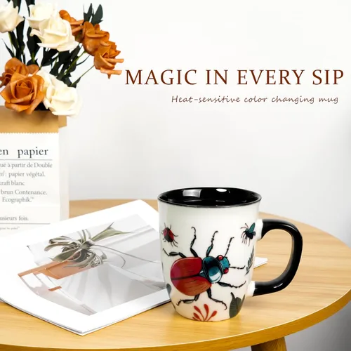 Vista 7 de Taza de Escarabajo de 16 oz que Cambia de Color - Taza de Café de Cerámica para Amantes de los Insectos - Regalo Novedoso con Temática de Insectos