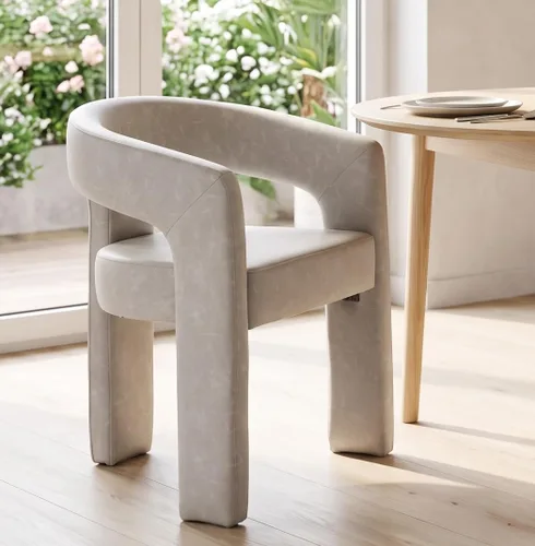 Vista 13 de RIVOVA Silla de comedor moderna de barril, silla lateral acolchada en lino con brazos cómoda para tocador, silla para comedor, sala de estar