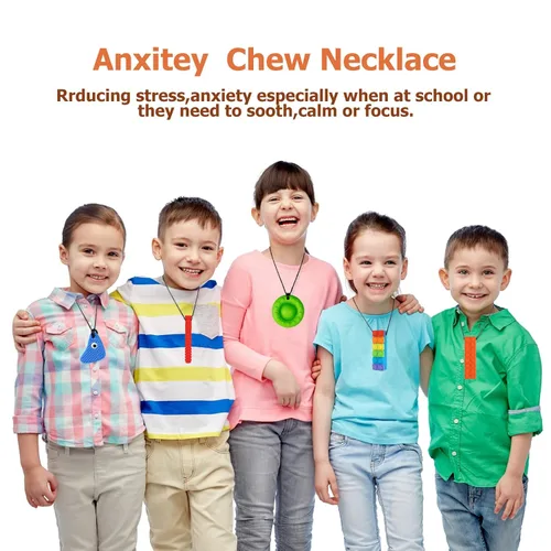 Vista 5 de Collares masticables para niños sensoriales, paquete de 5 juguetes sensoriales de silicona para masticar, collar masticable multiestilo, ayuda