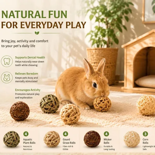 Vista 3 de Skylety 15 bolas masticables de conejo para conejos, juguetes de hierba rodante de animales pequeños y golosinas para conejillos de indias