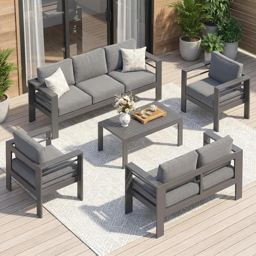Vista 45 de Solaste Sofá de aluminio para patio con mesa auxiliar, juego de 3 muebles de patio con cojines, sofá de exterior para todo tipo de clima