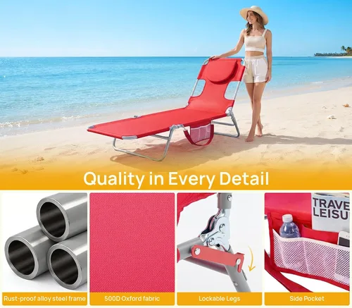 Vista 5 de Silla de bronceado solar con agujero facial, sillas reclinables de playa Rojo