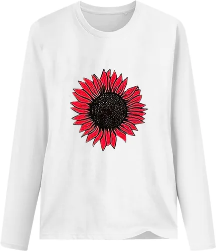 Vista 2 de Camiseta de manga larga con cuello redondo y estampado de girasol blanco, para correr, holgada, plisada, informal, para mujer