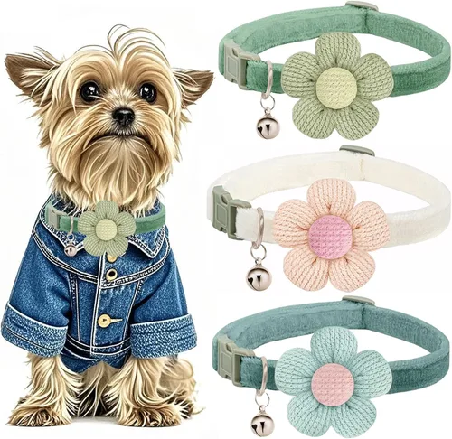 Vista 12 de Collar para perros pequeños con flor, collares para cachorros, collares para perros pequeños con campana, para hembras y machos pequeños