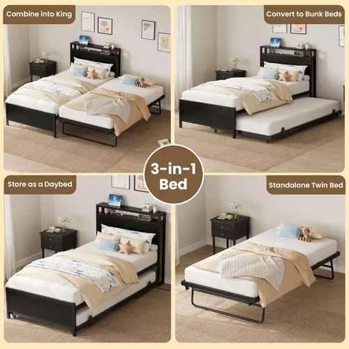 Vista 3 de IRONCK Twin Daybed with Trundle Bed & Storage Headboard & Charging Station Sturdy Metal Twin Bed Frame, Space-Saving Pop Up Trundle Bed for