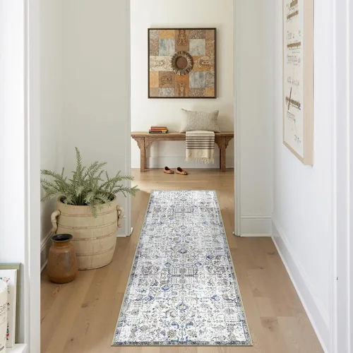 Vista 422 de jinchan Lima - Alfombra simétrica floral geométrica lavable, alfombra de entrada de medio círculo de 2 x 3, alfombra de media luna, suave y Azul