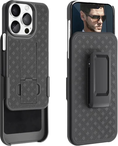 Vista 8 de Fingic Funda para iPhone 15 Pro - Carcasa delgada combinada con soporte, funda giratoria con clip para cinturón - Funda protectora resistente a