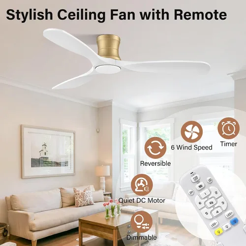 Vista 2 de Ventiladores de techo de madera de 52 pulgadas con control remoto de luces, regulable, reversible, moderno ventilador de techo de madera blanca