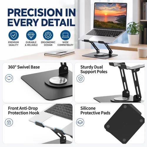 Vista 9 de SOUNDANCE Soporte giratorio 360º para laptop, elevador ergonómico para computadora de escritorio, soporte de metal multiángulo de altura ajustable