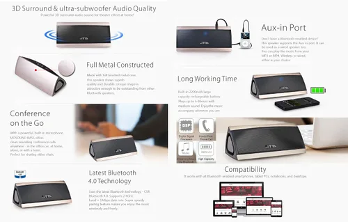 Vista 9 de JTD - Altavoz Bluetooth inalámbrico portátil con sonido estéreo envolvente 3D y carcasa de metal completo, inalámbrico, manos libres, 8 horas