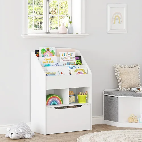 Vista 9 de UTEX Estantería para niños con caja de juguetes móvil, estante para libros y almacenamiento de juguetes, estante de exhibición de libros para niños