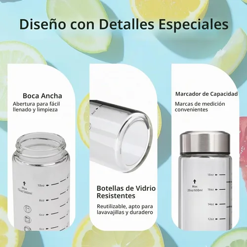Vista 3 de Botellas de jugo de vidrio de 12 onzas - 2 paquetes de botellas de agua de boca ancha con tapas para jugos, botellas de jugo reutilizables