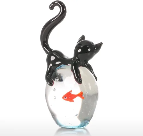 Vista 4 de Tooarts Escultura de gato y pez de colores adorno de cristal soplado a mano, regalo de cumpleaños de Navidad [negro y rojo]
