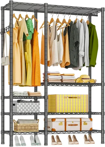 Vista 17 de Perchero de Ropa Resistente, 3 Niveles de Estantes de Alambre Metálicos Ajustables, Organizador de Armario y Perchero de Almacenamiento para Colgar